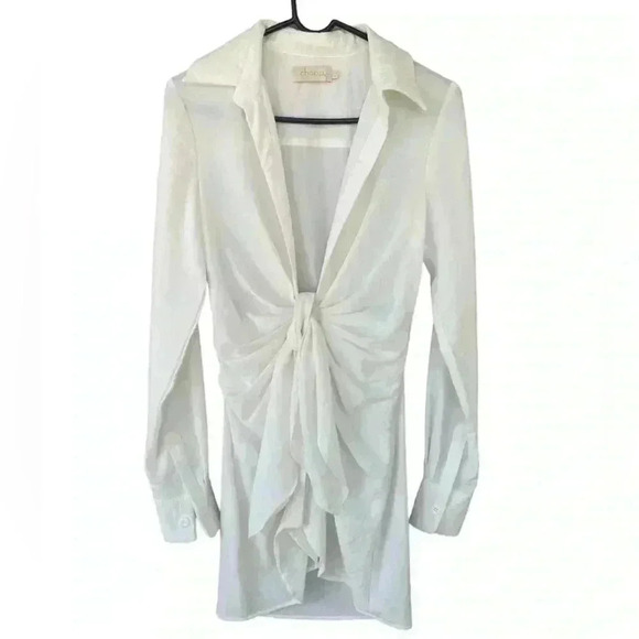 Choosy women’s draped cream ivory low Deep Plunge collar long sleeve button down - Picture 3 of 12